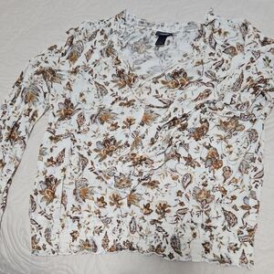 Daytrip White and Brown Ruched Ruffled Long Sleeve Blouse